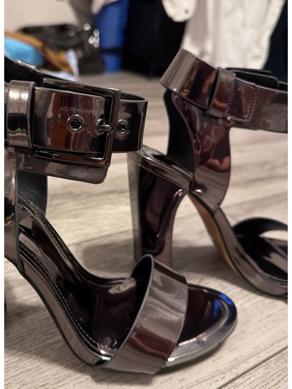 DKNY ankle-strap block heel sandals 
dark gunmetal color
Only worn once